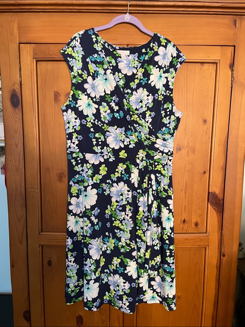Charter Club Navy Blue Floral Faux-Wrap Midi Dress